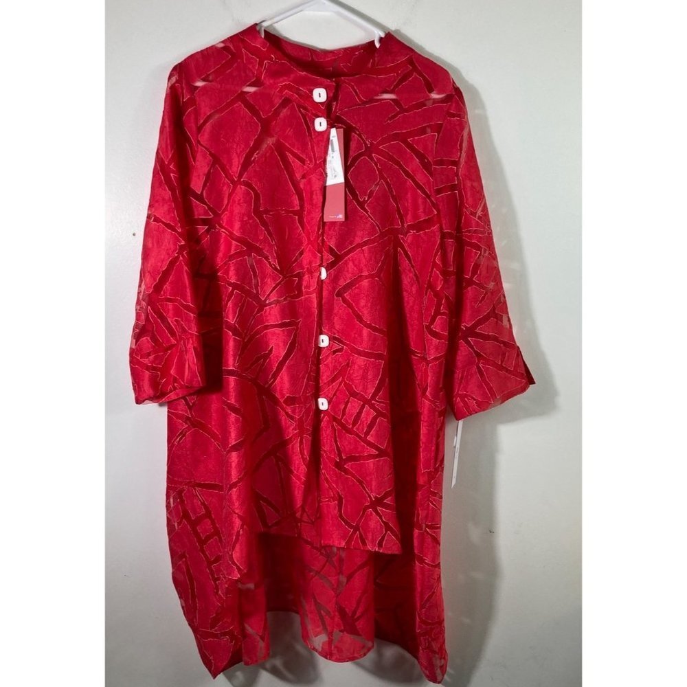 Womens IC by Connie K Linen Blend Geometric Burnout Lagenlook Jacket Cover Red M